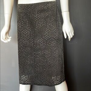Black Suede Laser-Cut Perforated Pencil Skirt